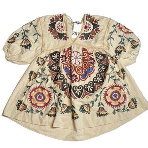 ZARA WOMAN SHORT V-NECK PRINTED LINEN BLEND DRESS ECRU 5107/244 NEW SS22 M